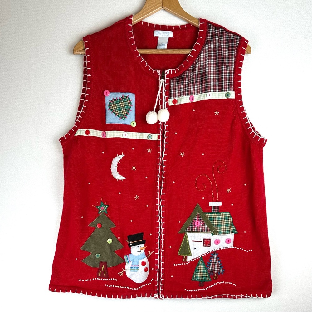 Traditions Christmas Holiday Sweater Vest Embroidered Patchwork Felted